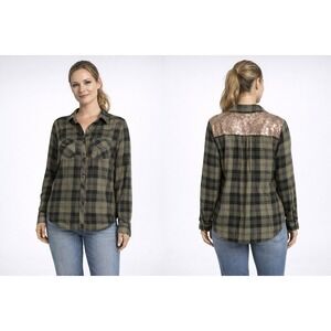 Arizona Jean Co Plaid Flannel Womens XXL Green Sequin Back Excellent Grunge Glam